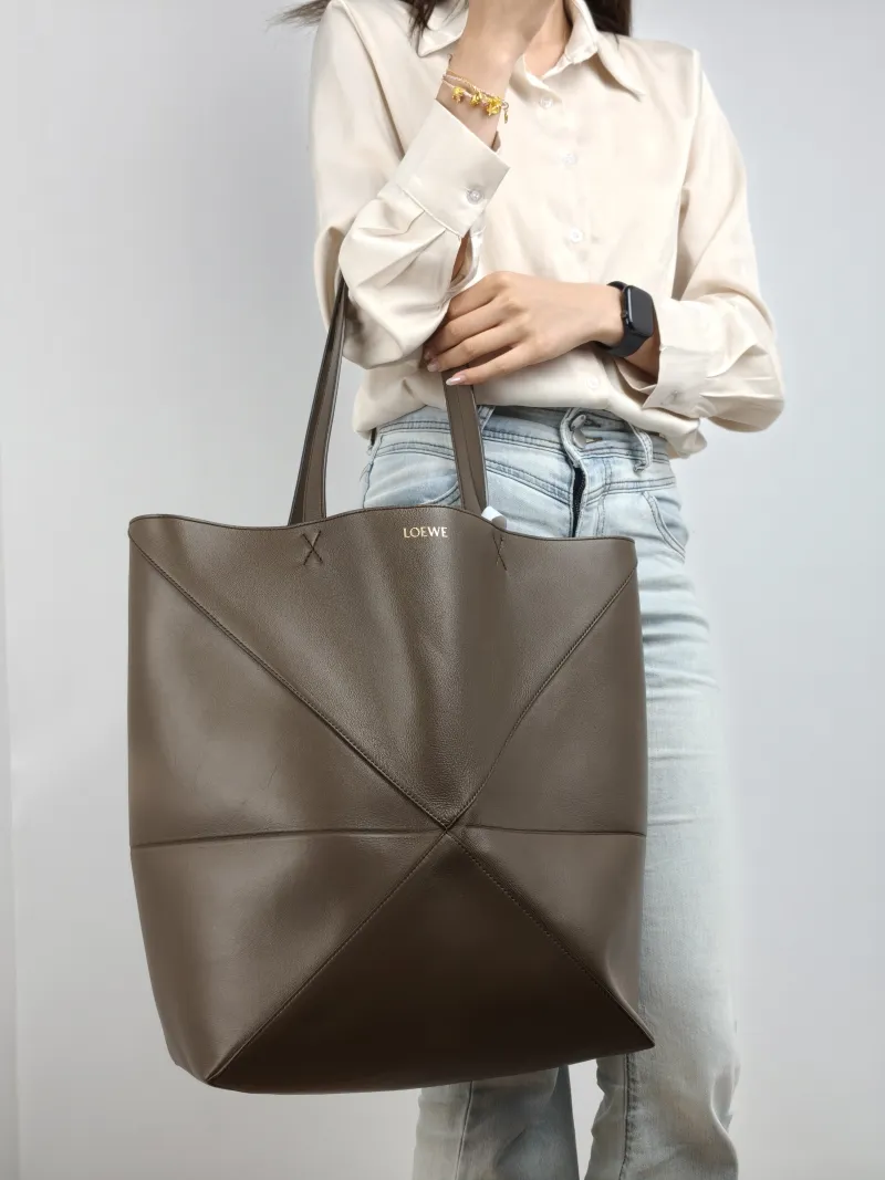 LOEWE Shoulder Bag Puzzle Fold Shopping Tote Brown Calfskin Large 42 × 41 × 18 cm — on-model view 1 of 2