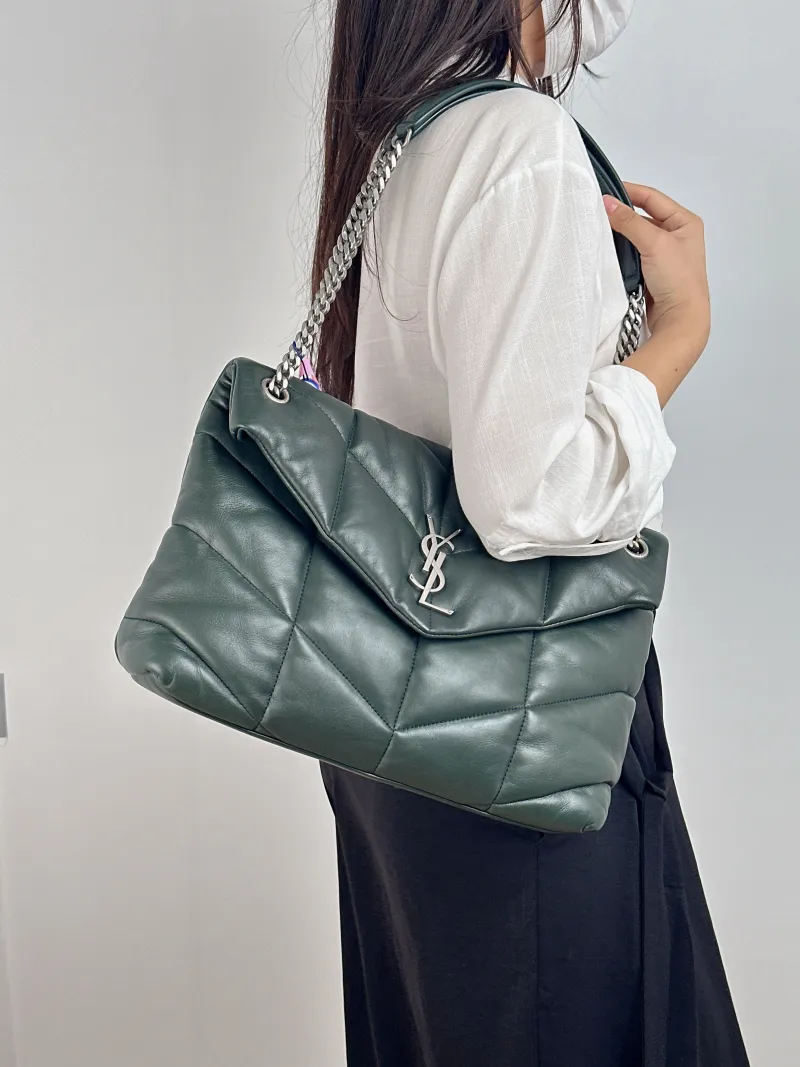 SAINT LAURENT Shoulder Bag PUFFER Green SL ambskin 32 × 13 × 22 cm Conditioned — on-model view 2 of 2