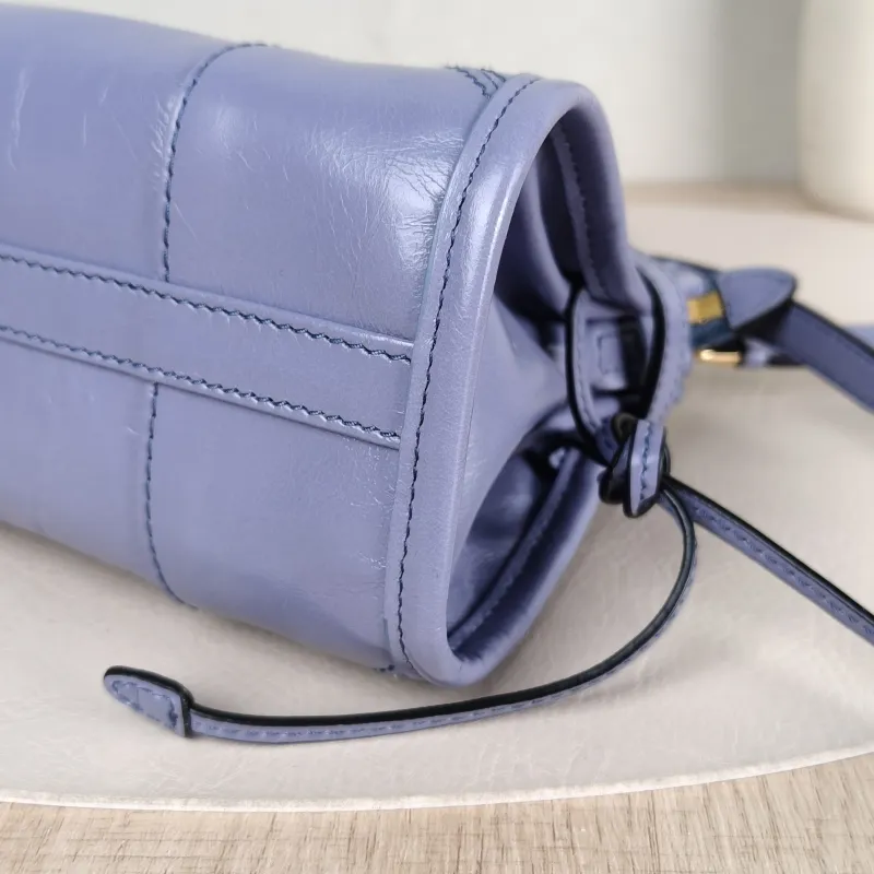 PRADA Top Handle Bag Bonnie Soft Lux Blue Waxed Leather Mini 23.5 × 9 × 12 cm — detail view 9 of 14