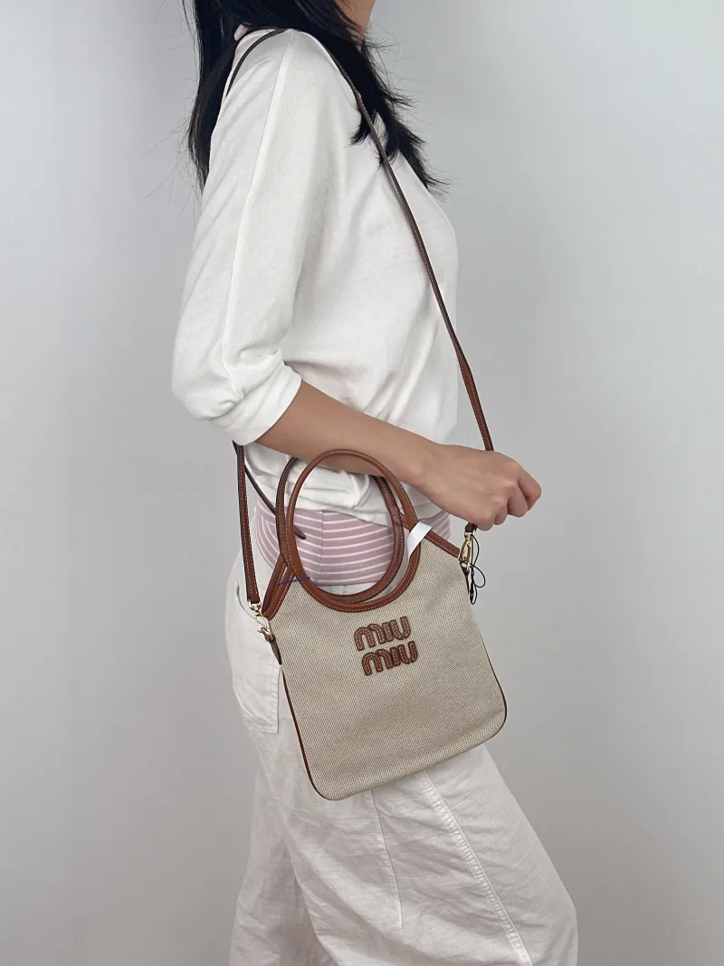Miumiu Shoulder Bag IVY Tote Shopping Tote Beige Brown Canvas Mini 20*24 — on-model view 1 of 3