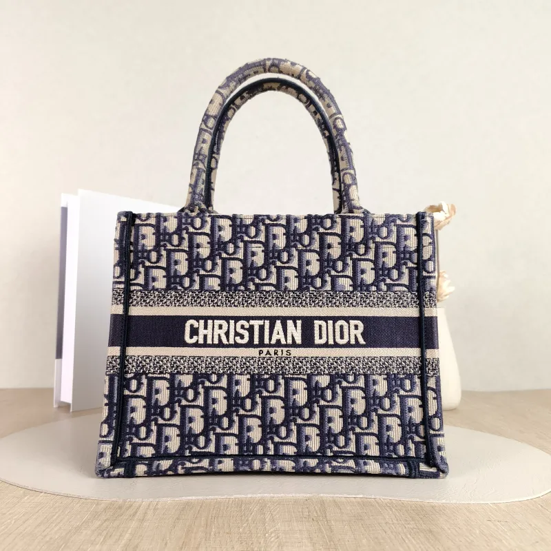 DIOR Top Handle Bag Book Tote Blue Canvas Small 26.5 × 14 × 22 cm