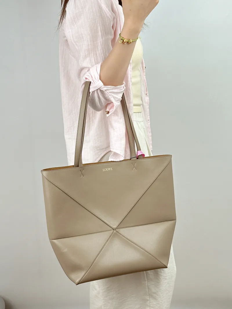 LOEWE Shoulder Bag Puzzle Fold Shopping Tote Grey Calfskin Medium 25.5 × 14.5 × 31.5 cm — on-model view 2 of 2