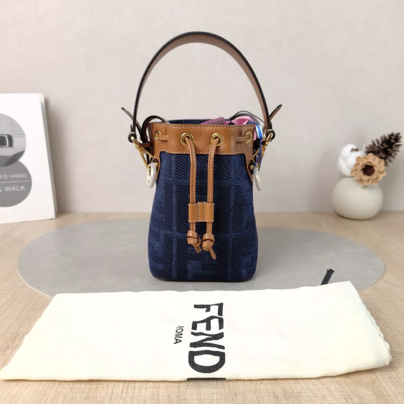FENDI Crossbody Bag Mon Tresor Bucket Bag Blue Brown Calfskin,Canvas Mini 12 × 10 × 18 cm — cover view 6 of 6