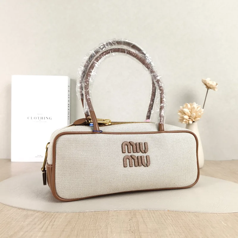 Miumiu Top Handle Bag Beau Brown Canvas · Calfskin Small 28 × 8 × 11.5 cm — cover view 3 of 5