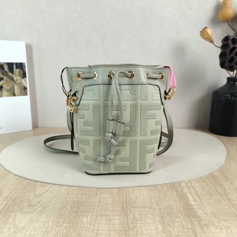 FENDI Crossbody Bag Mon Tresor Bucket Bag Green Canvas Mini 12 × 10 × 18 cm