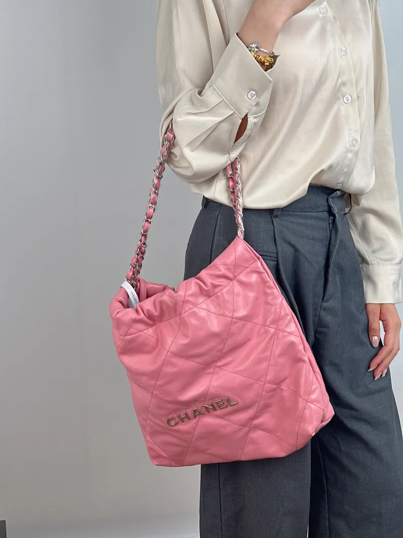 Chanel Shoulder Bag 22Bag Pink Silver-Tone Hardware Calfskin Small 35 × 7 × 37 cm — on-model view 2 of 2