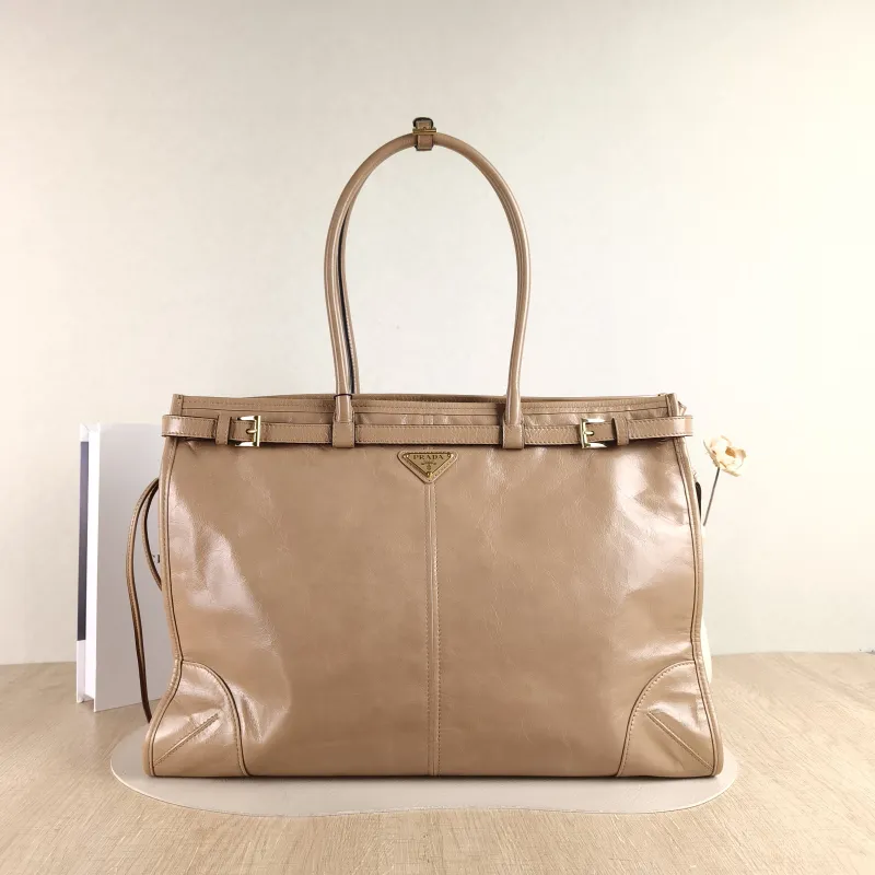PRADA Shoulder Bag Bonnie Soft Lux Taupe Waxed Leather 42 × 12 × 30 cm