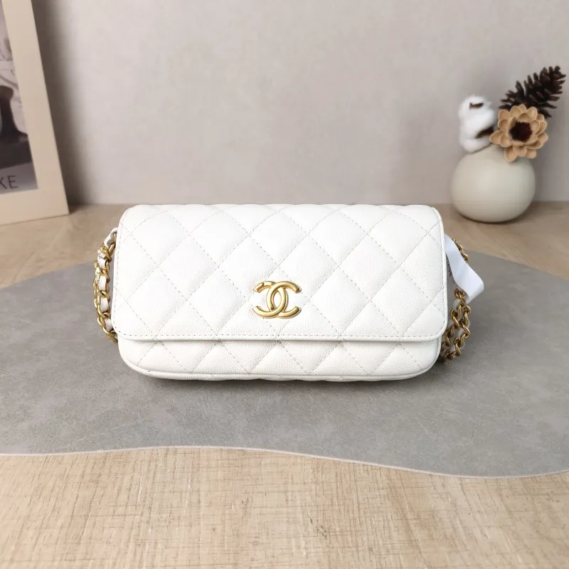 Chanel Crossbody Bag Crossbody Bag White Gold Grained Calfskin One Size 17 × 3 × 9.5 cm
