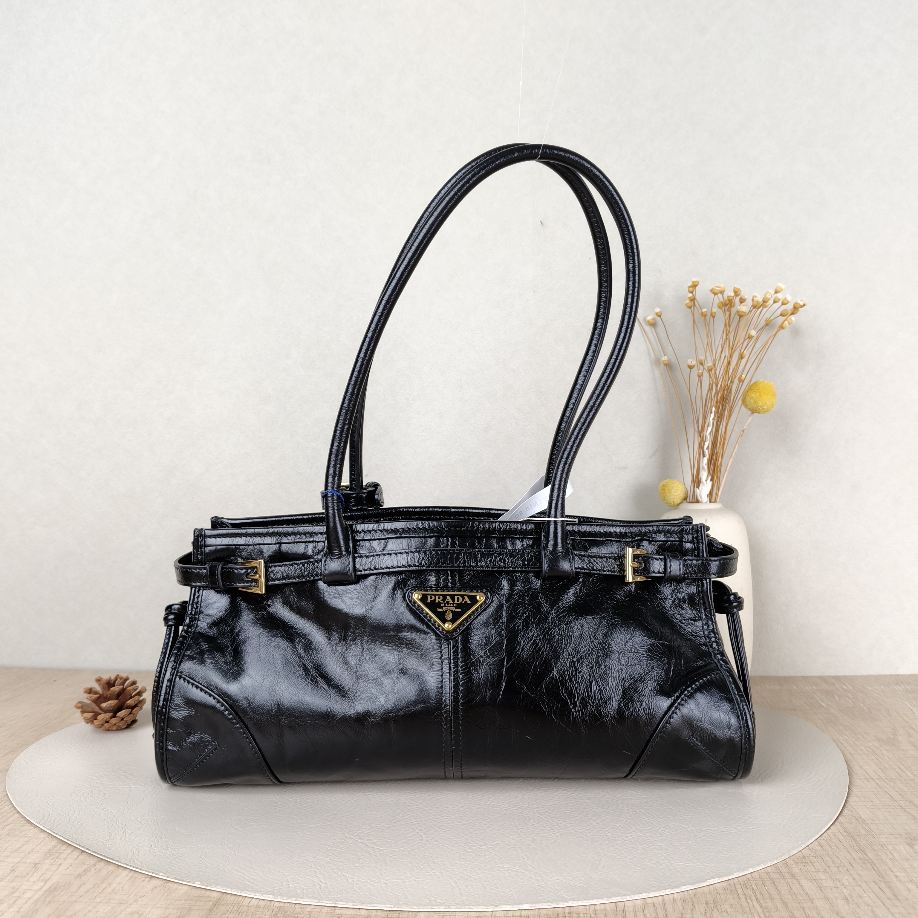 PRADA Shoulder Bag Bonnie Soft Lux Black Waxed Leather Medium32 × 12 × 15.5 cm