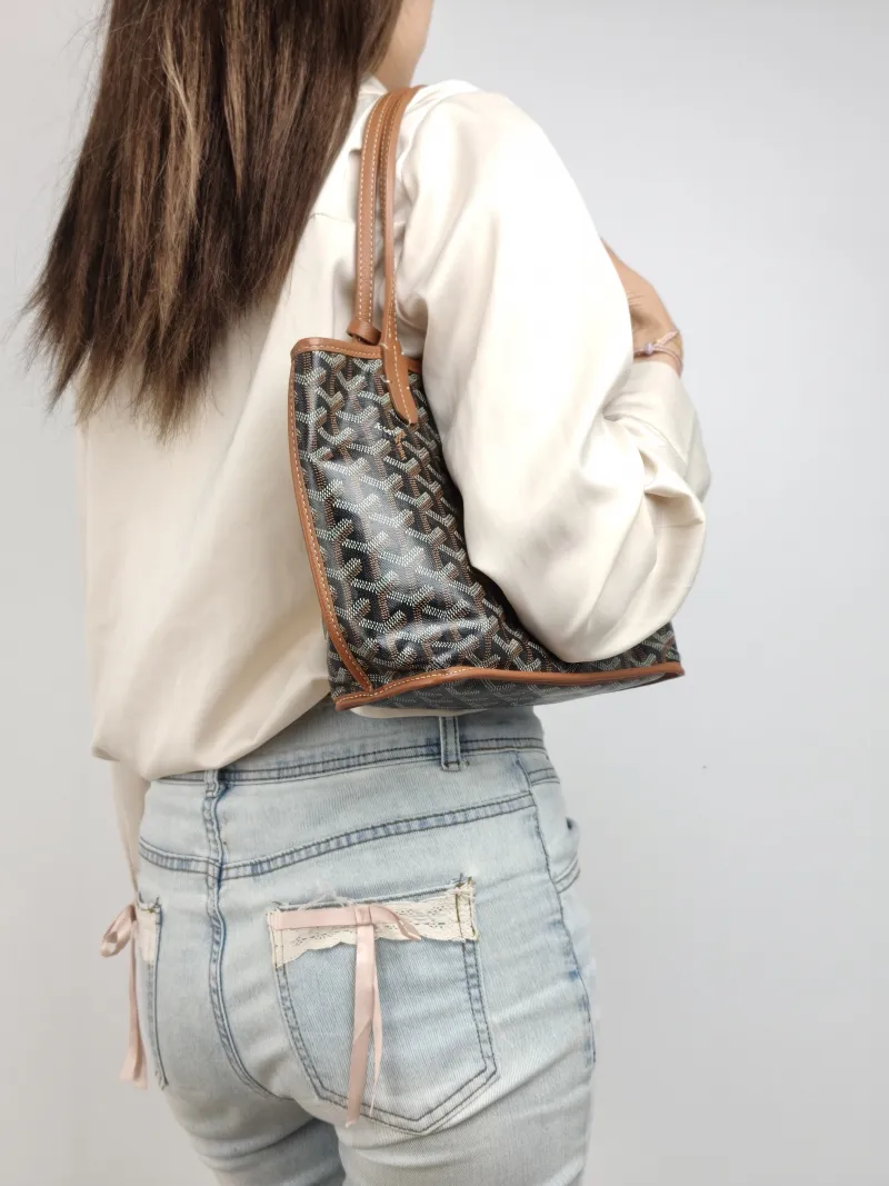 GOYARD Top Handle Bag ANJOU Shopping Tote Brown Calfskin Mini 19.5 × 9 × 19.5 cm — on-model view 2 of 2