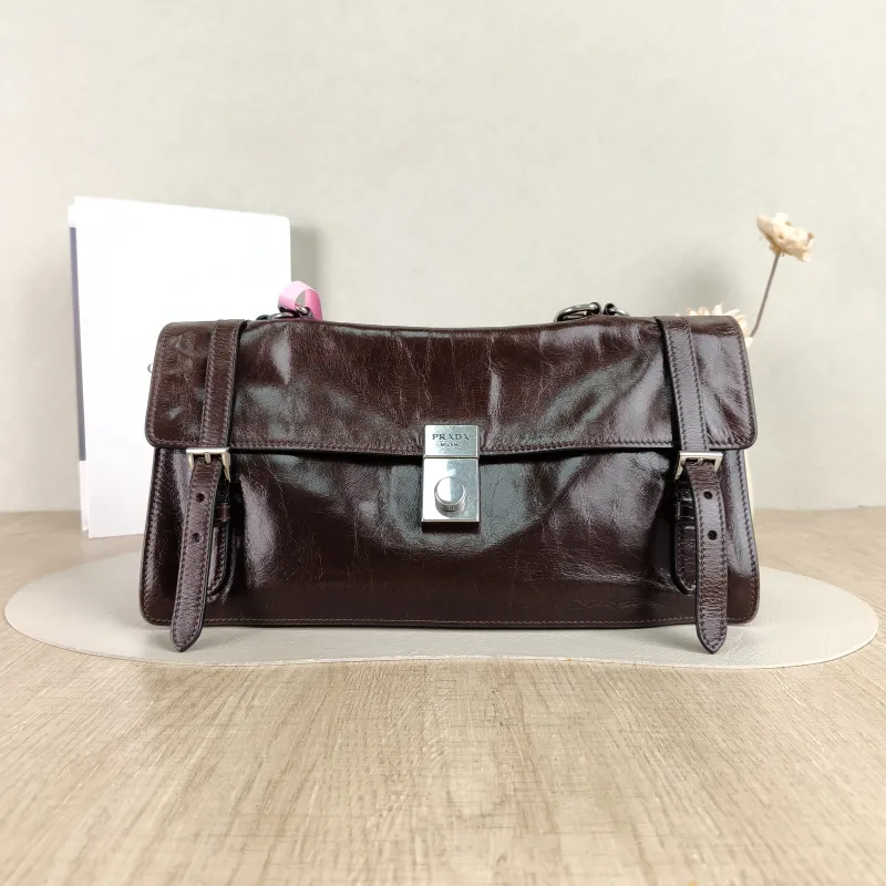 PRADA Top Handle Bag Tote Bag Brown Waxed Leather One Size 31.5 × 11 × 17 cm