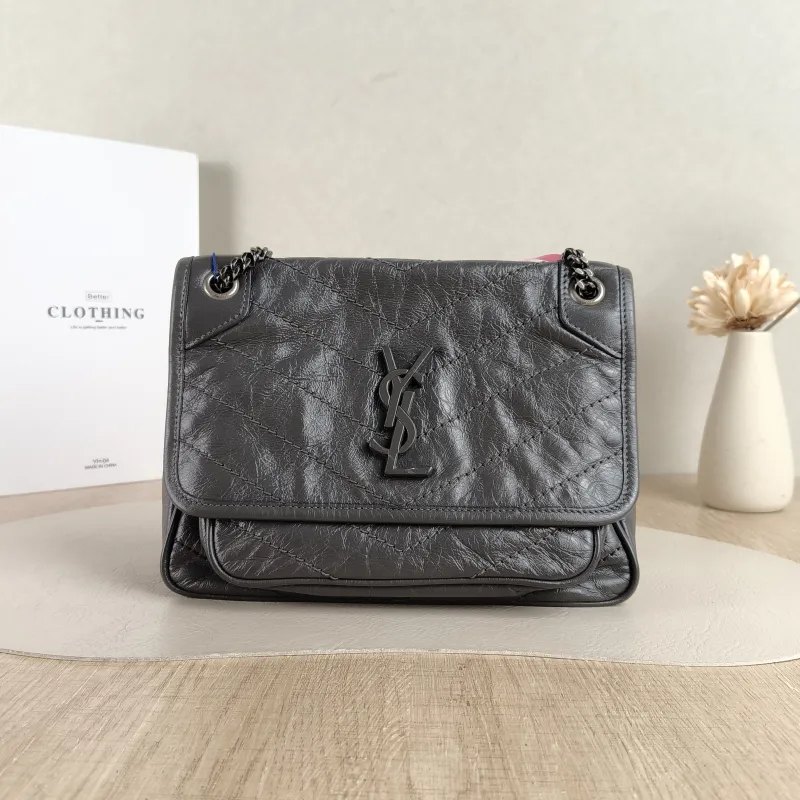 SAINT LAURENT Crossbody Bag Niki D Dark Grey Waxed Leather Calfskin Small21 × 7.5 × 16 cm