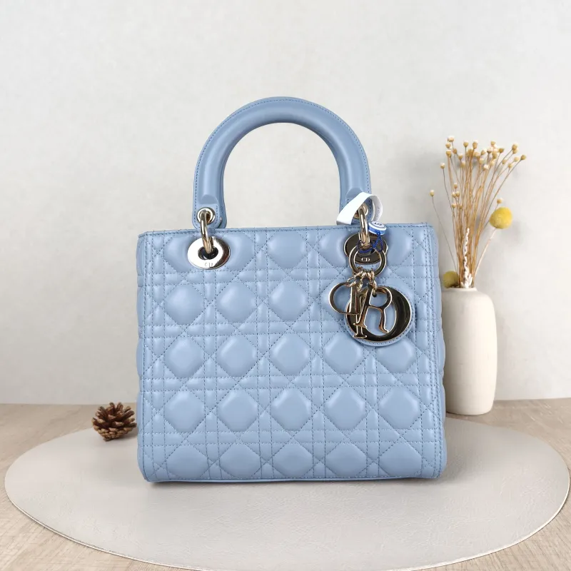 DIOR Top Handle Bag Lady Lady Dior Bag Blue Lambskin Medium 24 × 12 × 21 cm