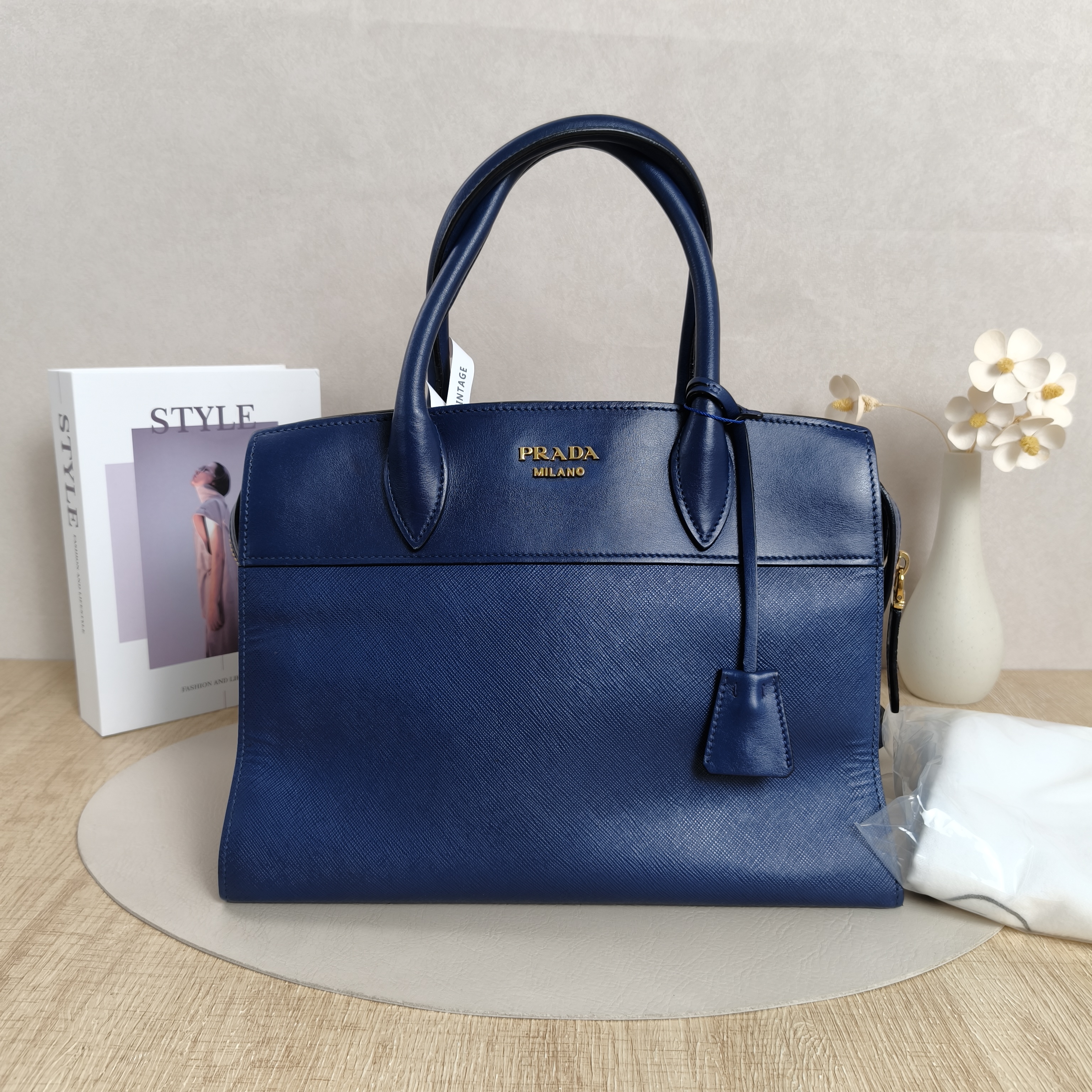 PRADA Shoulder Bag Blue Calfskin · Shoulder Strap Leather Tag Dust Bag · 30 × 14 × 23 cm — cover view 10 of 12