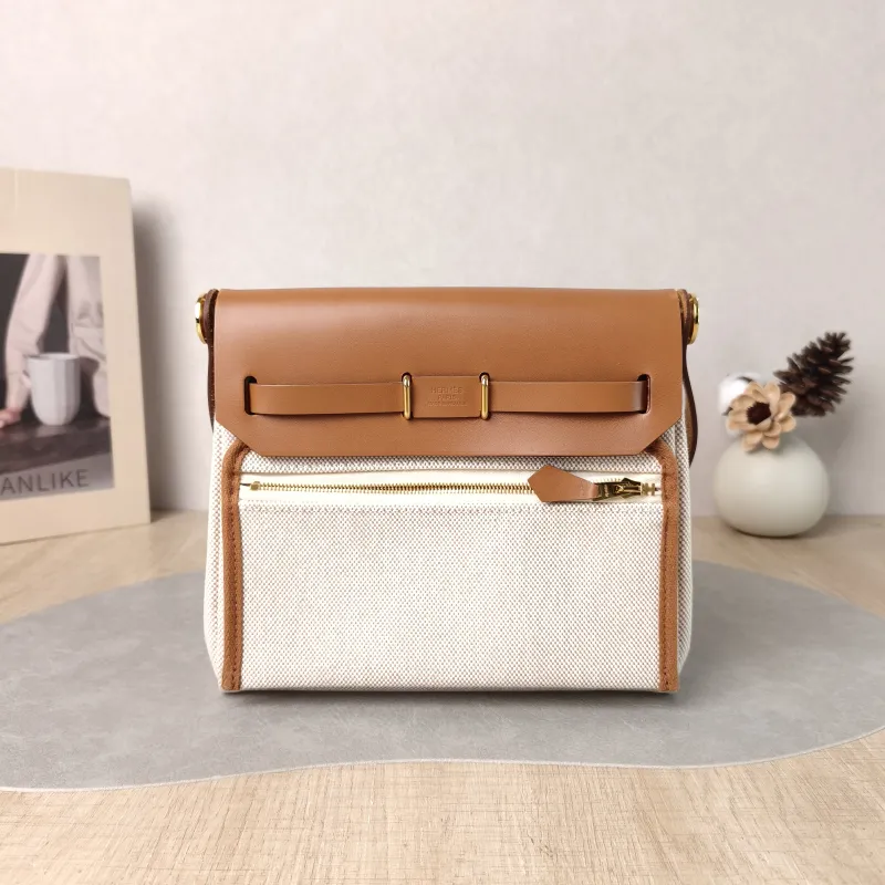 Hermès Shoulder Bag Herbag Zip 20 Beige Brown Calfskin，Canvas Mini 20 × 7 × 17 cm K — cover view 6 of 6