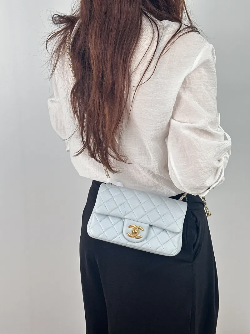 Chanel Crossbody Bag cf Blue Lambskin 20 × 6.5 × 12 cm Microchip Edition — on-model view 1 of 2