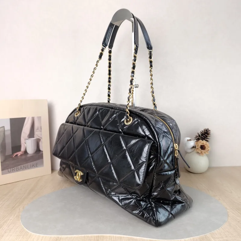 Chanel Crossbody Bag Bowling Bag Black Waxed Leather One Size 42 × 15 × 27 cm — cover view 3 of 5