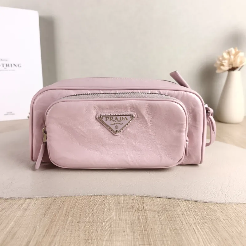 PRADA Crossbody Bag Camera Bag Pink Lambskin One Size 23 × 7 × 10 cm
