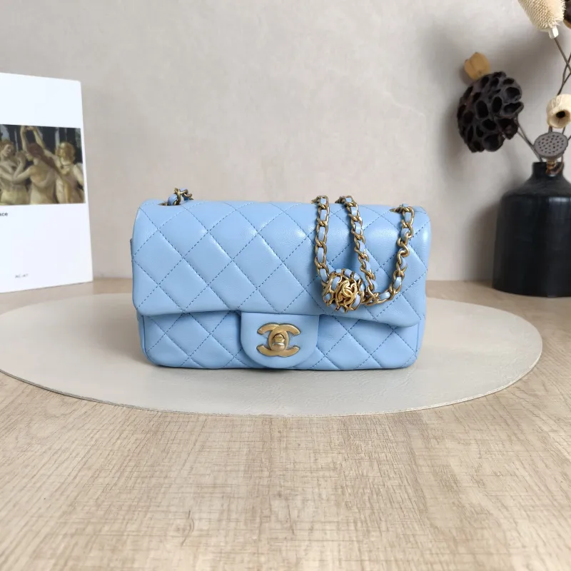Chanel Crossbody Bag Classic Flap Large Mini CF Mini Blue Lambskin mini20 × 6 × 12 cm