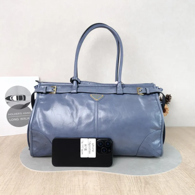 PRADA Shoulder Bag Bonnie Soft Lux Blue Waxed Leather Large 38 × 12 × 24 cm — cover view 5 of 5