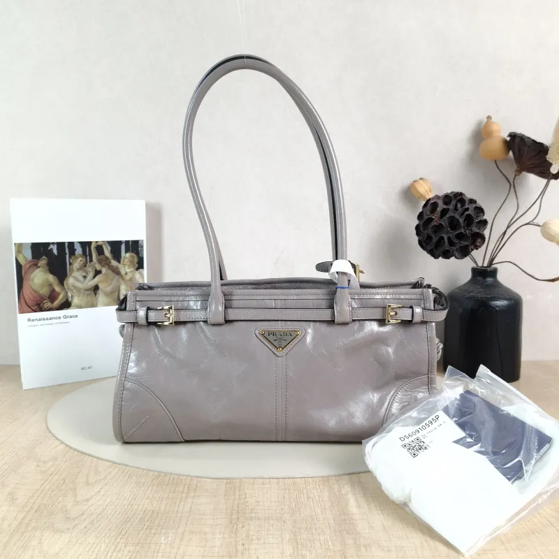 PRADA Shoulder Bag Bonnie Soft Lux Grey Waxed Leather Calfskin Medium 32 × 12 × 15.5 cm — cover view 6 of 6