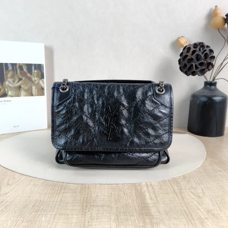 SAINT LAURENT Crossbody Bag Niki Black Waxed Leather Calfskin Small 21 × 7.5 × 16 cm
