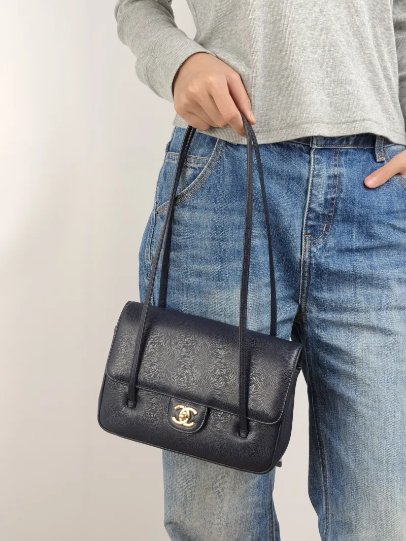 Chanel Shoulder Bag 26p preppy coco Navy Grained Calfskin Small 22 × 7 × 15 cm — on-model view 2 of 2