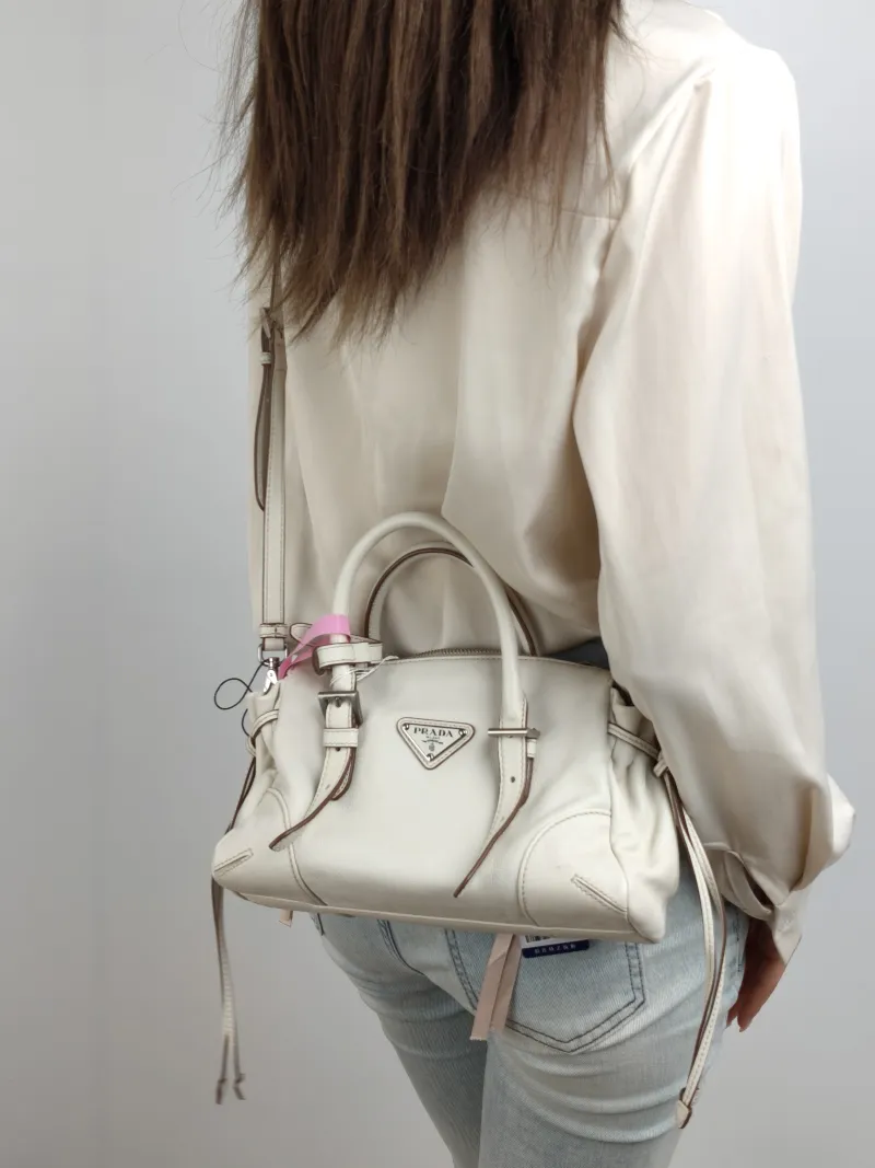 PRADA Crossbody Bag Karin Tote Bag White Calfskin Small 24 × 9 × 14 cm — on-model view 2 of 2