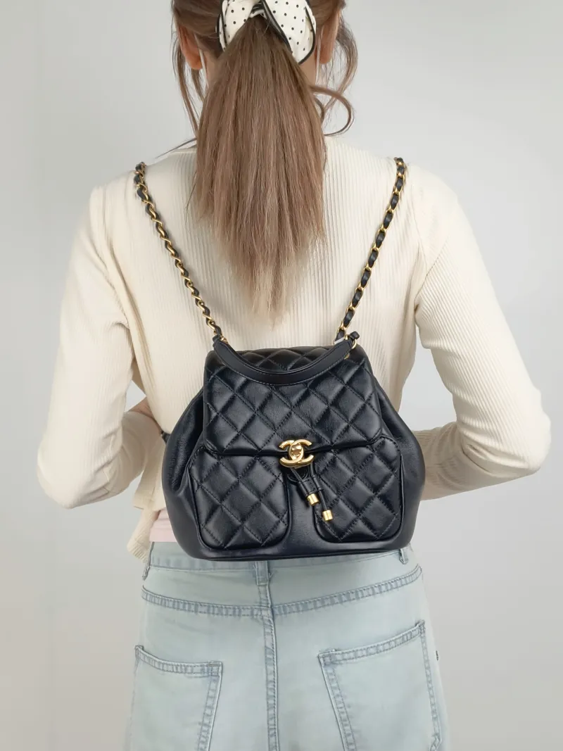 Chanel Crossbody Bag23k Backpack Black Lambskin 23 × 12 × 20 cm — on-model view 3 of 3