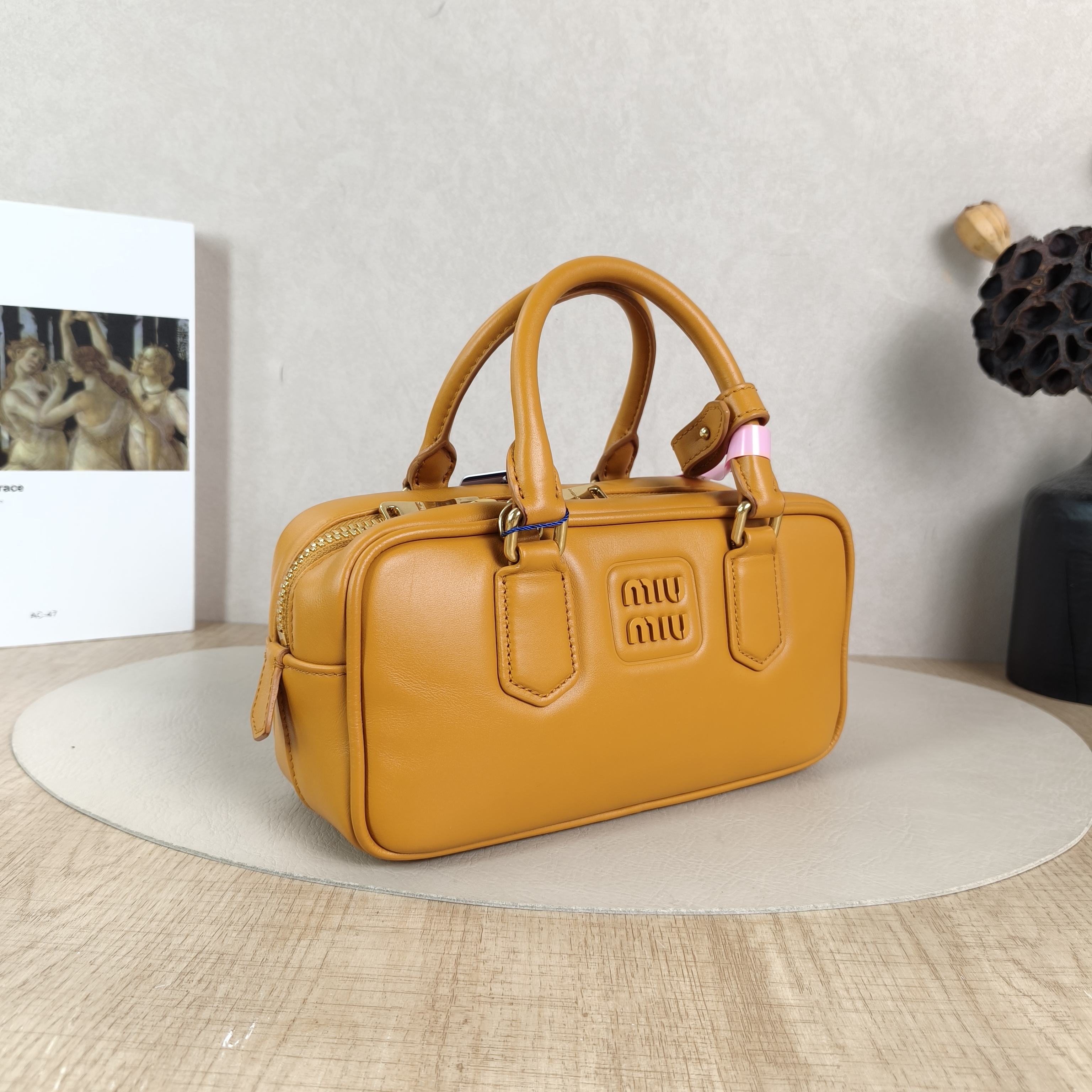 Miumiu Top Handle Bag Arcadie Collection Bowling Bag Yellow Calfskin Medium22 × 7.5 × 10.5 cm — cover view 5 of 5