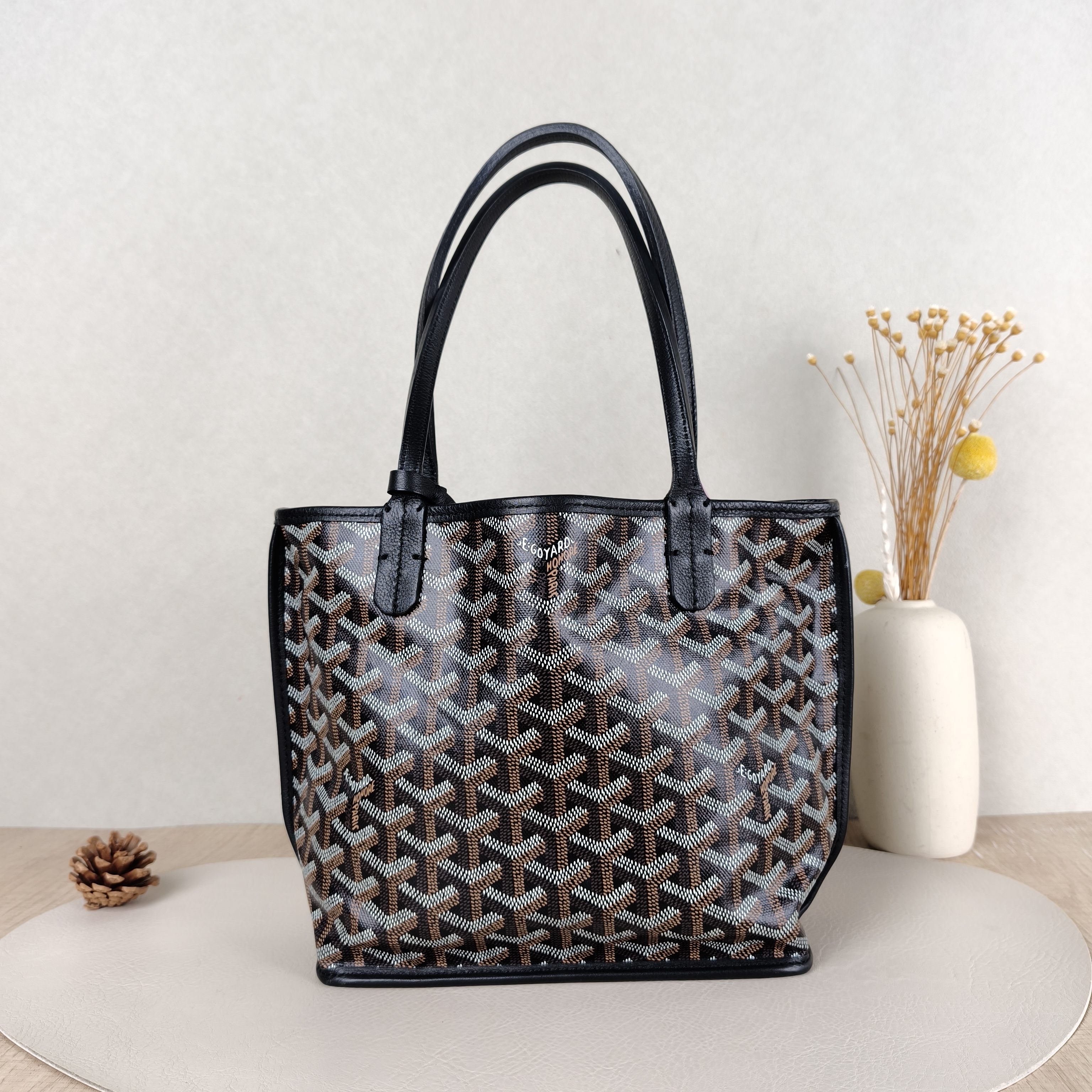 GOYARD Top Handle Bag ANJOU Shopping Tote Black ine Canvasmini19.5 × 9 × 19.5 cm