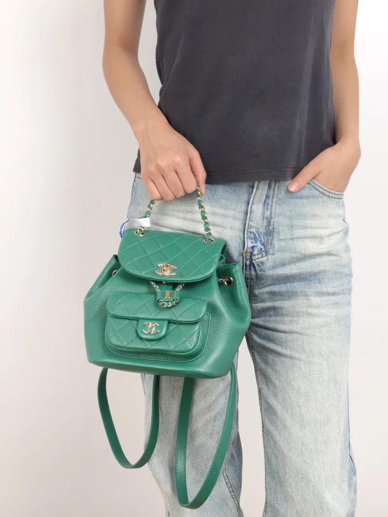 Chanel Backpack Duma Green Lambskin Small 18 × 12 × 18.5 cm — on-model view 3 of 3