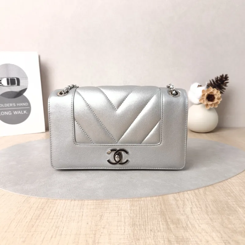 Chanel Crossbody Bag CF Crossbody Bag Silver Calfskin One Size 21 × 5 × 12 cm 24