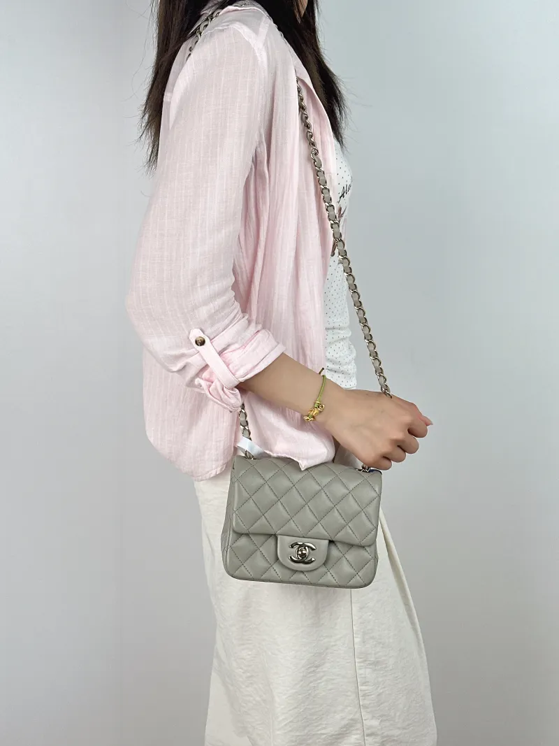 Chanel Crossbody Bag Classic Flap Mini CF Mini Grey Lambskin One Size17 × 8 × 13.5 cm — on-model view 2 of 2