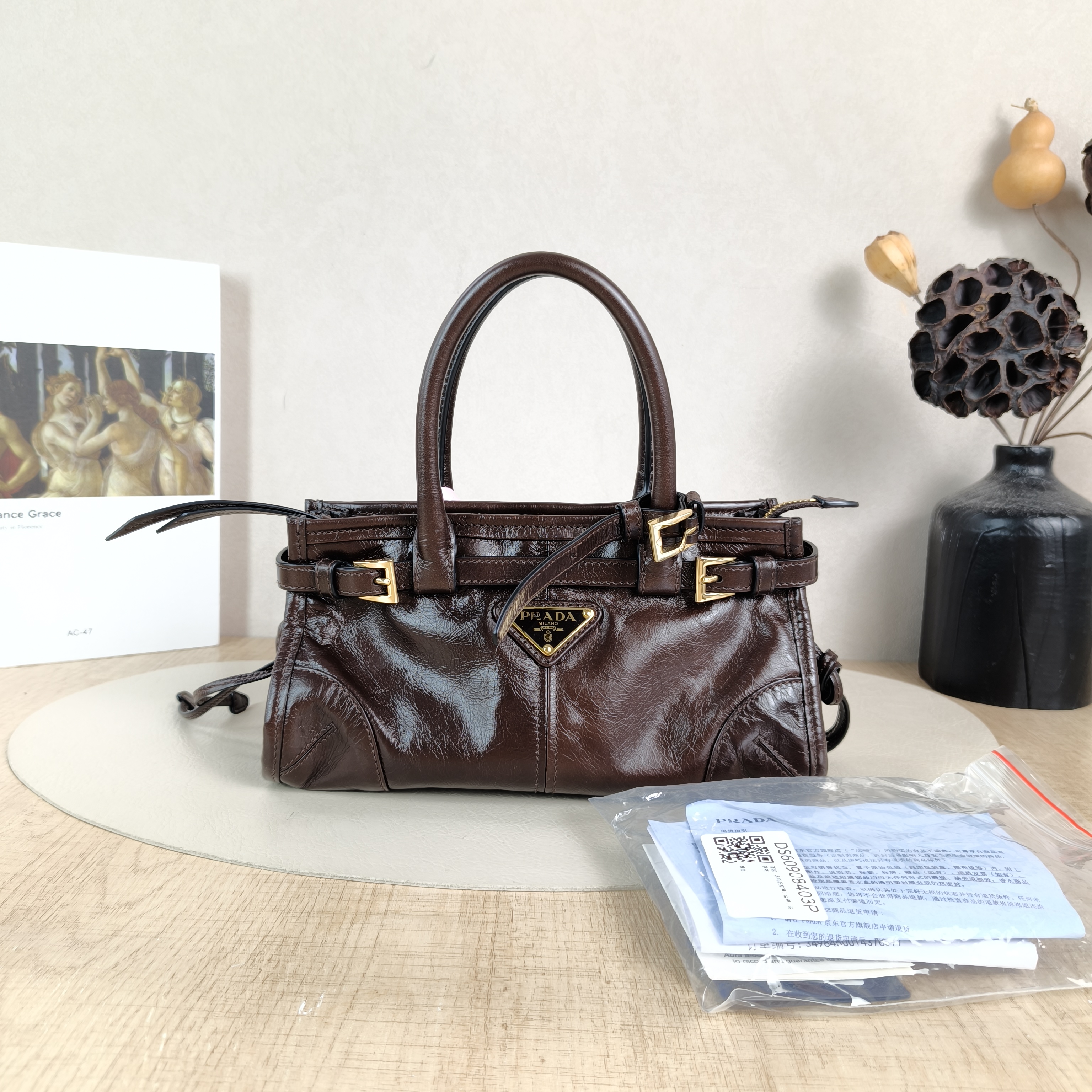 PRADA Top Handle Bag Bonnie Soft Lux Waxed Leather Calfskinmini23.5 × 9 × 12 cm — cover view 2 of 6