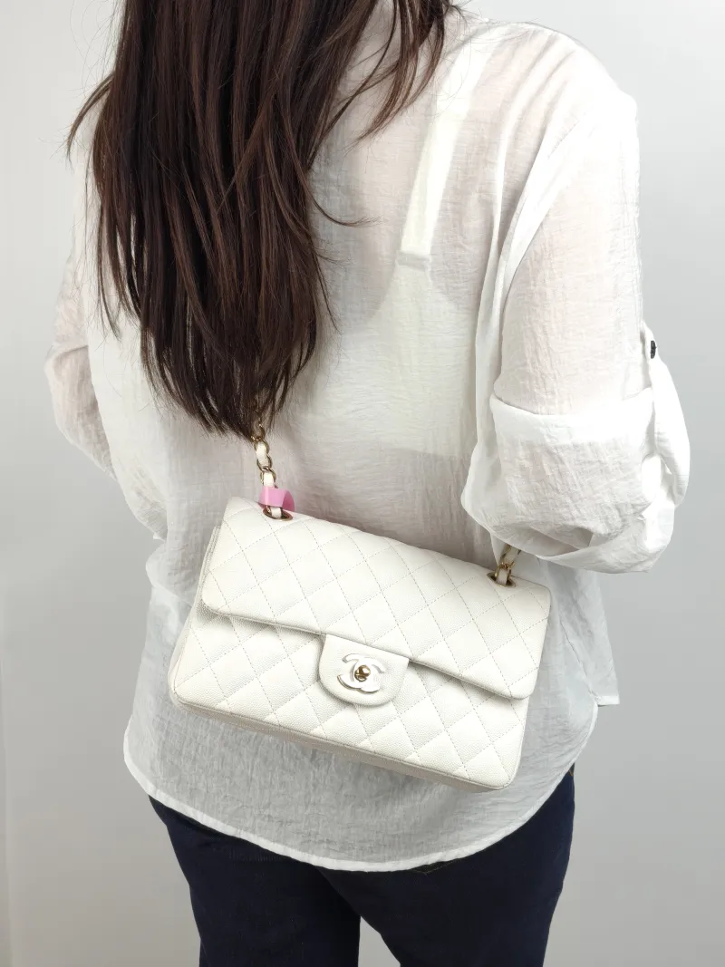 Chanel Crossbody Bag Classic Flap CF White Grained Calfskin Small 23 × 6 × 14.5 cm — on-model view 1 of 2
