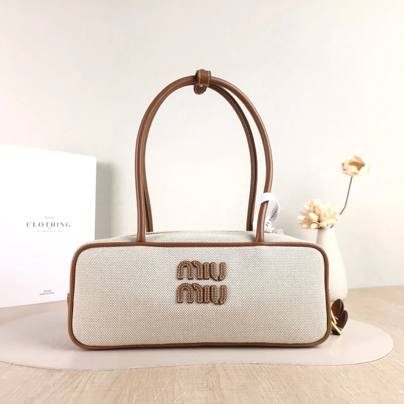 Miumiu Top Handle Bag Beau Brown Canvas · Calfskin 28 × 8 × 11.5 cm