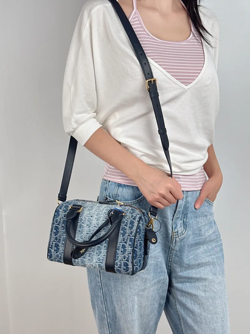 DIOR Crossbody Bag Groove 20 Top Handle Bag Blue Small 20.5 × 12 × 13.5 cm — on-model view 3 of 3