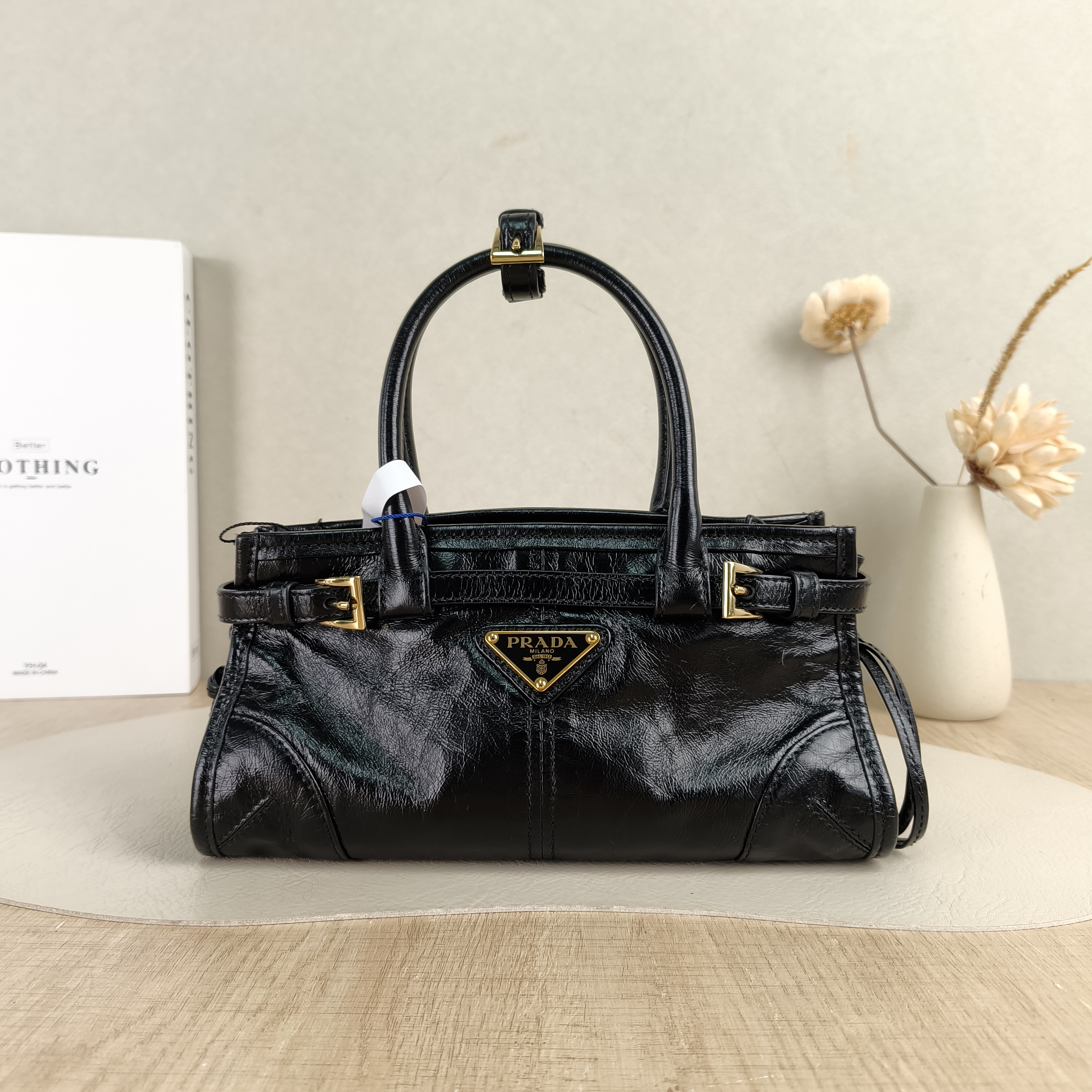 PRADA Shoulder Bag Bonnie Soft Lux Black Waxed Leathermini23.5 × 9 × 12 cm