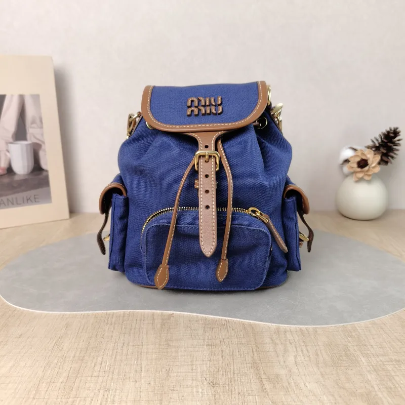 Miumiu Backpack Backpack Blue Brown Canvas Medium 18 × 11.5 × 22 cm