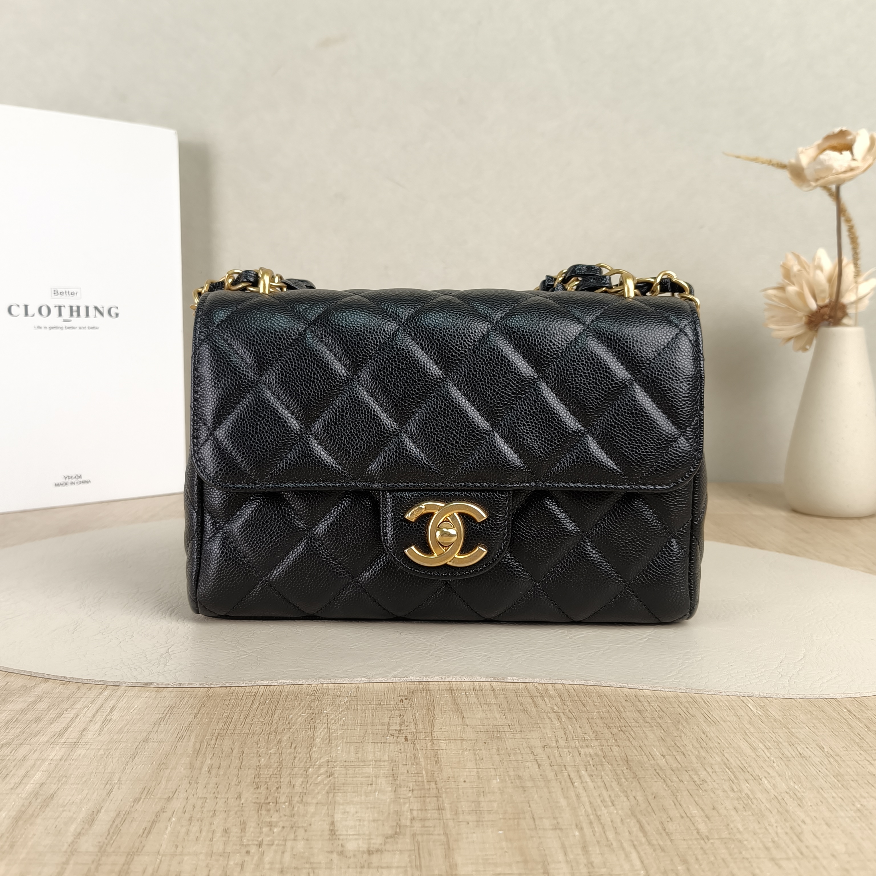Chanel Crossbody Bag25p Black Grained Calfskin Small22 × 6.5 × 14 cm
