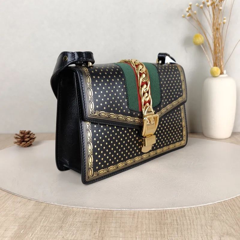 GUCCI Crossbody Bag Sylvie Shoulder Strap Edition Black Calfskin Small 25.5 × 8 × 17 cm — cover view 4 of 6