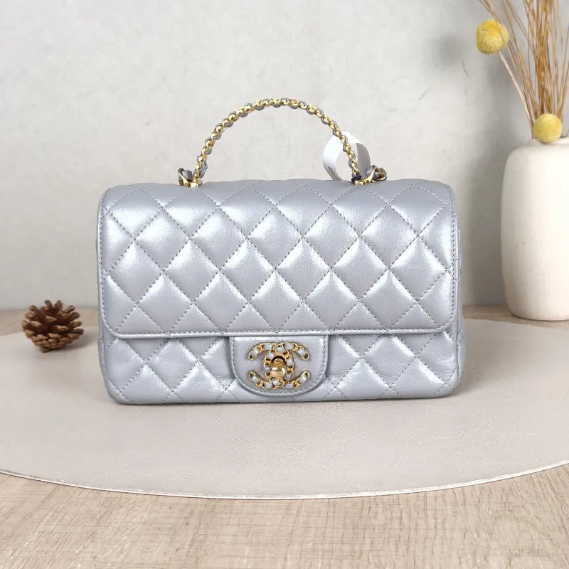 Chanel Crossbody Bag 24c mini Silver Lambskin mini 20 × 6 × 12 cm