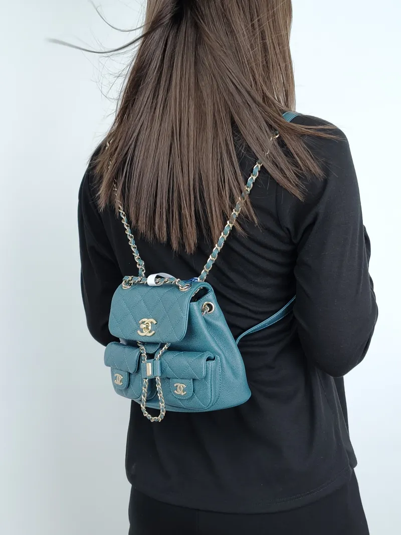 Chanel Backpack Duma Green Grained Calfskin Small16.5 × 10 × 17.5 cm — on-model view 2 of 4