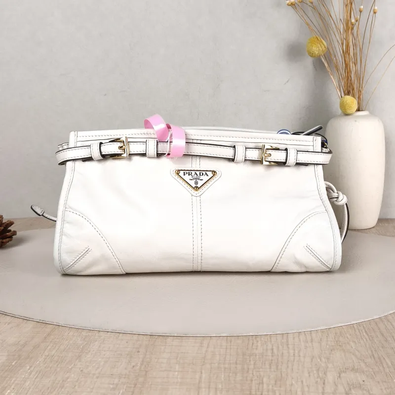 PRADA Crossbody Bag Bonnie Soft Lux Shoulder Strap Edition White Waxed Leather Calfskin Small 26 × 12 × 14 cm Conditioned