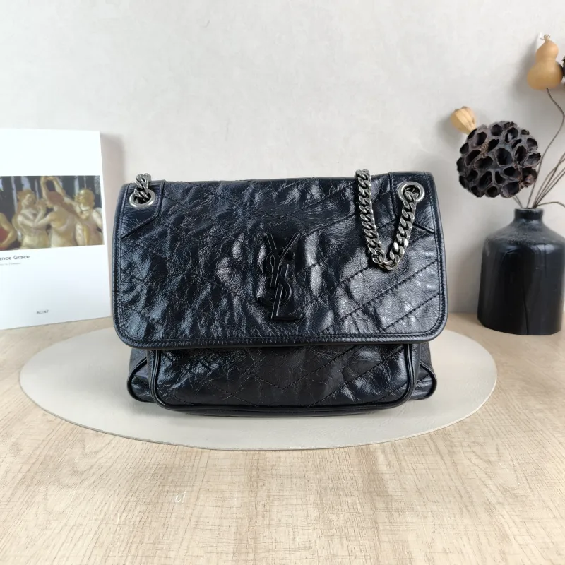 SAINT LAURENT Crossbody Bag Niki Black Waxed Leather Calfskin Medium 28 × 8.5 × 20 cm