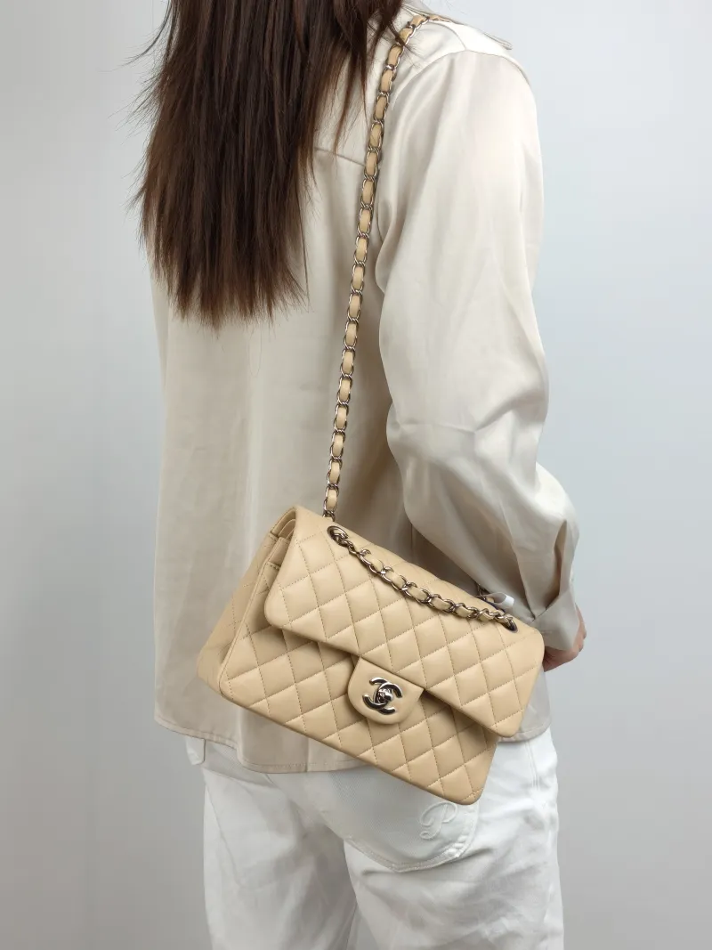Chanel Crossbody Bag Classic Flap CF Beige Lambskin Small 23 × 6 × 14.5 cm 31 — on-model view 2 of 2