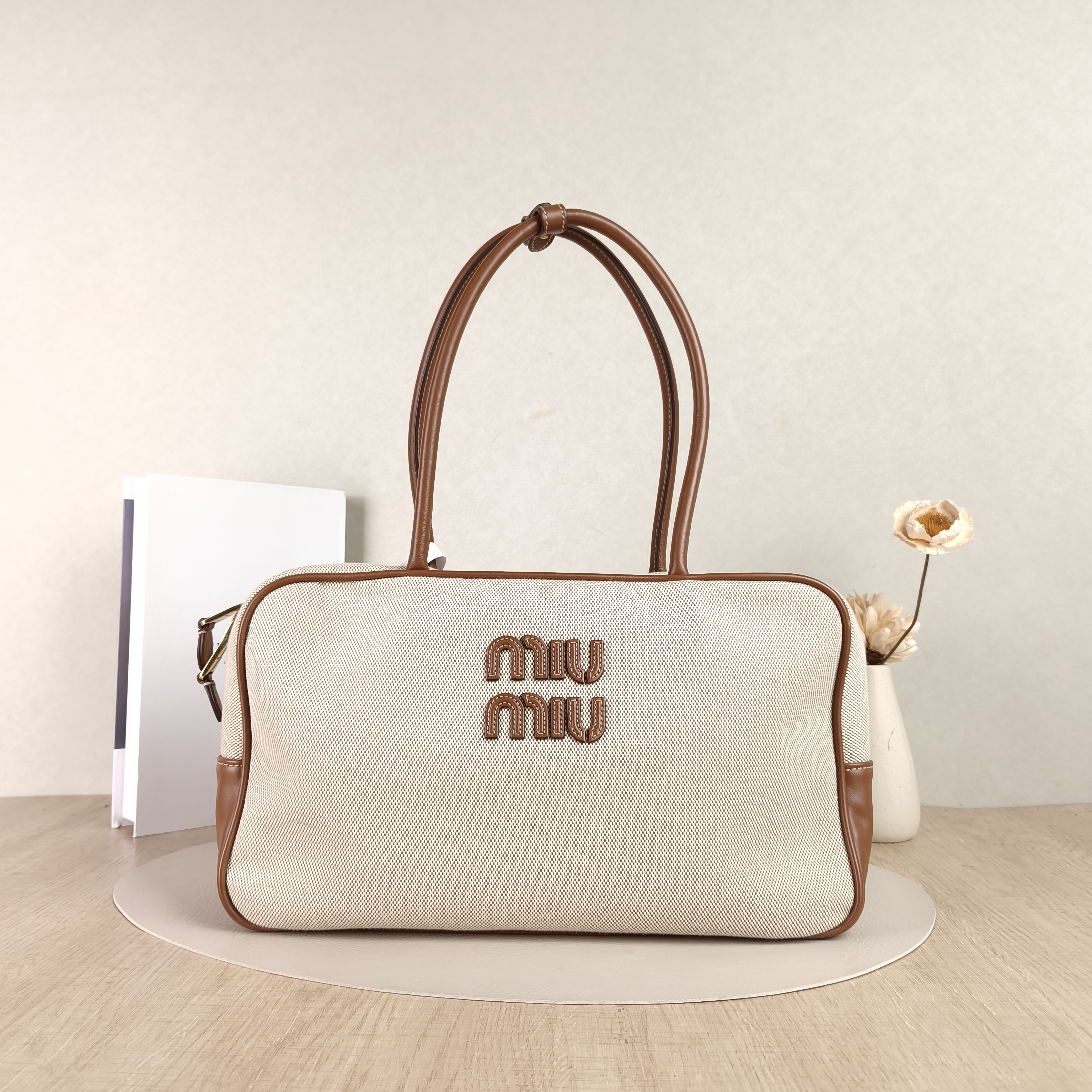 Miumiu Top Handle Bag Beau Brown Canvas · Calfskin Large34 × 10 × 20 cm
