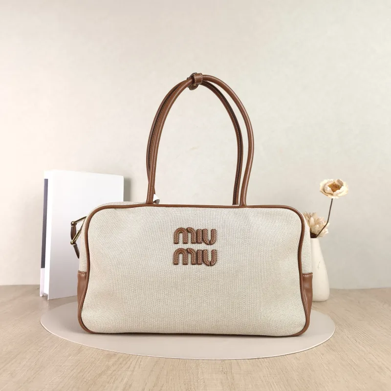 Miumiu Top Handle Bag Beau Brown Canvas · Calfskin Large34 × 10 × 20 cm