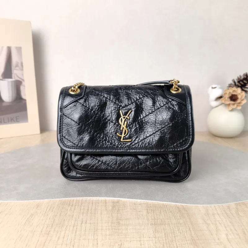 SAINT LAURENT Crossbody Bag Niki Black Waxed Leather Calfskin Mini 18 × 5 × 12.5 cm